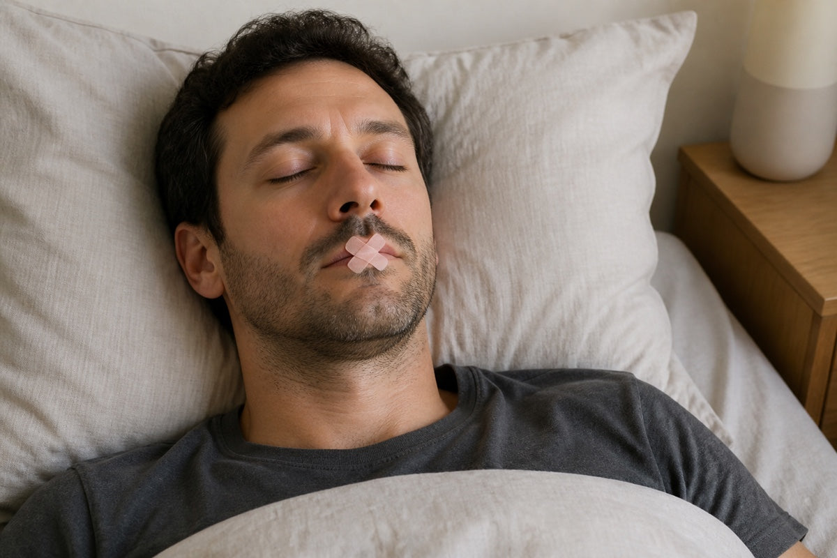 Adult resting with a small pastel X-shaped mouth strip in a neutral bedroom