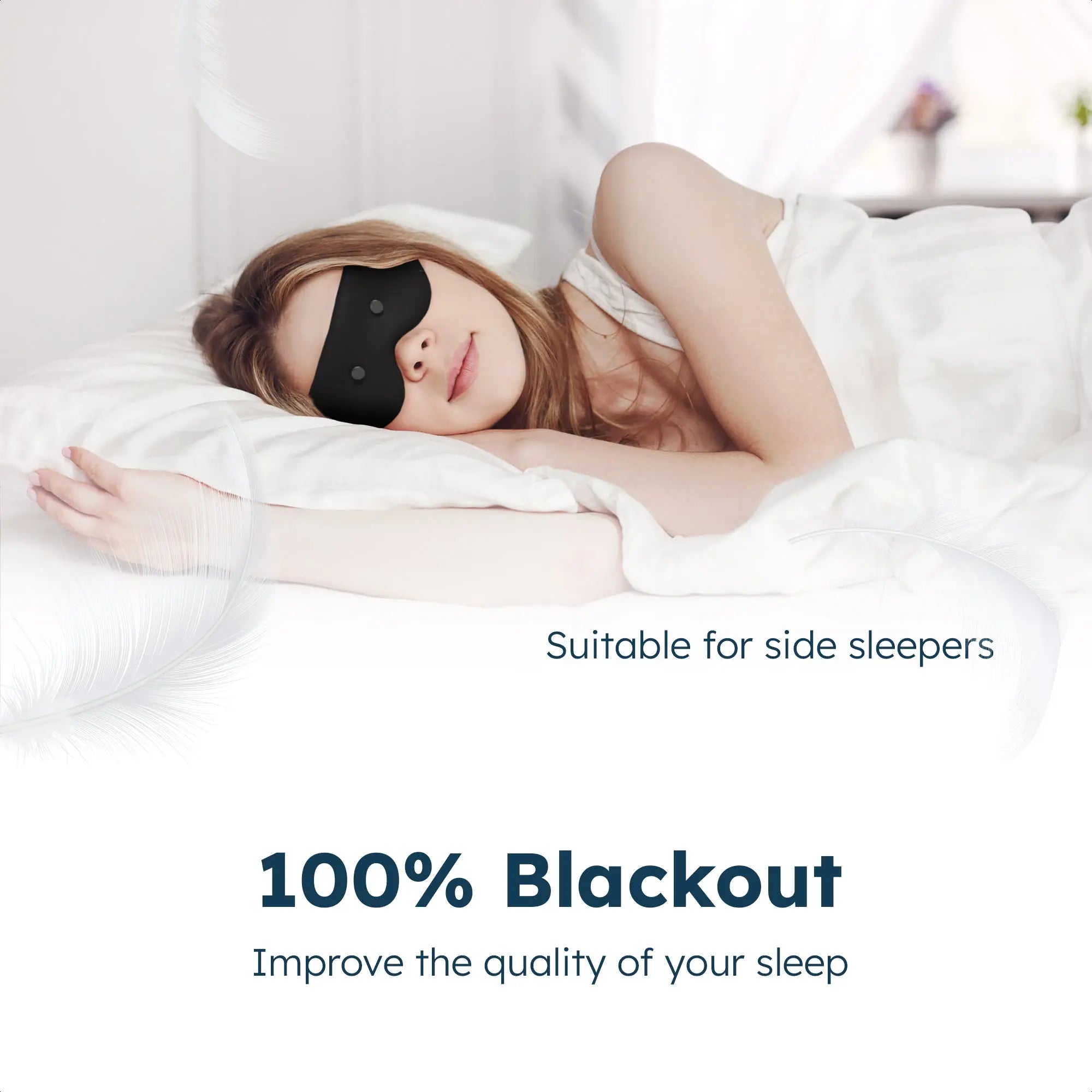 Donna che dorme su un fianco con la maschera per dormire 4D Resty inclusa nel pacchetto Magnetic Deep Sleep