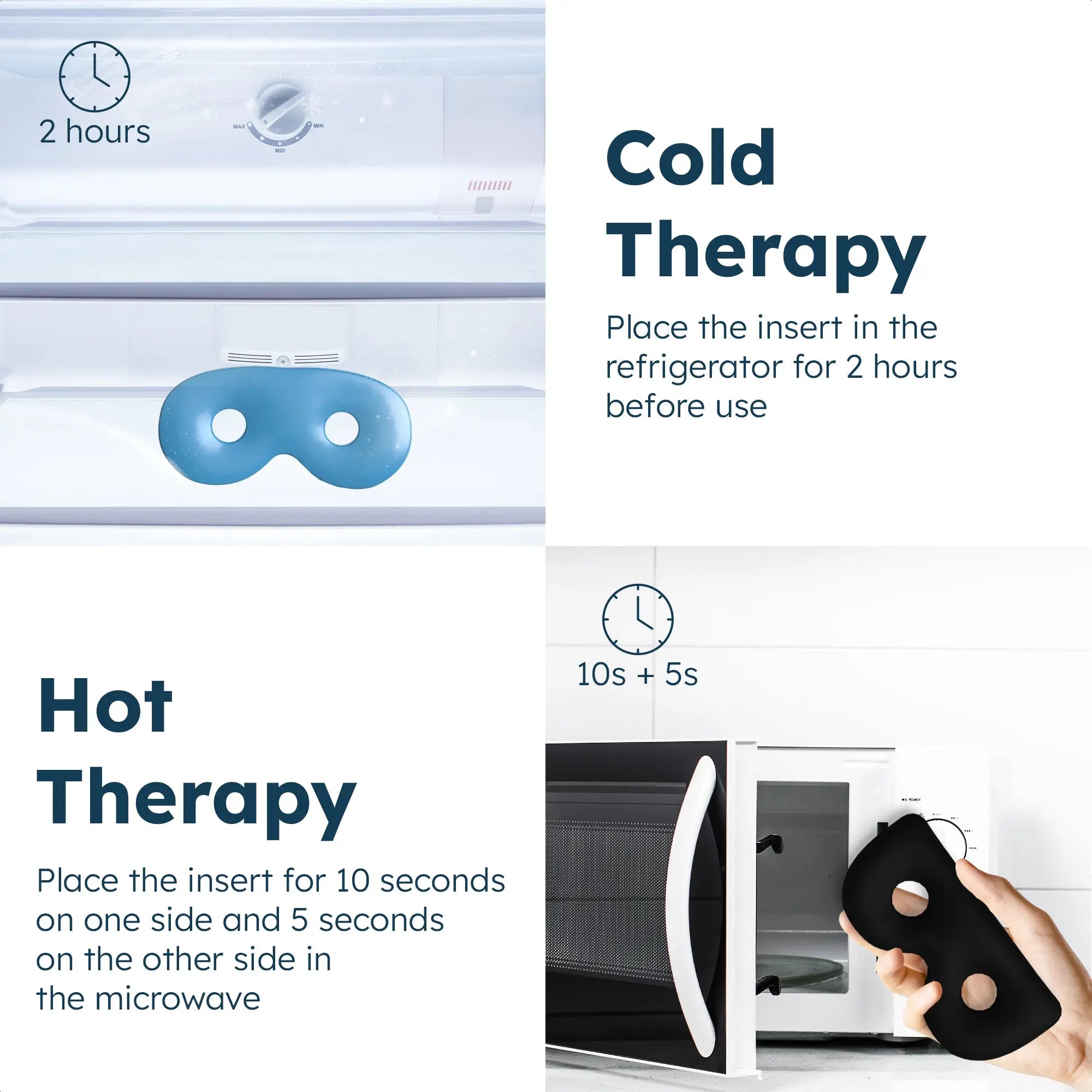 Insertos del antifaz para dormir Resty junto a los pasos de preparación en el frigorífico y el microondas