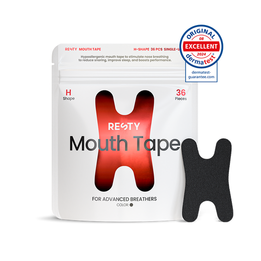 Resty Advanced H Shape mondtape hoes met twee zwarte strips naast de verpakking