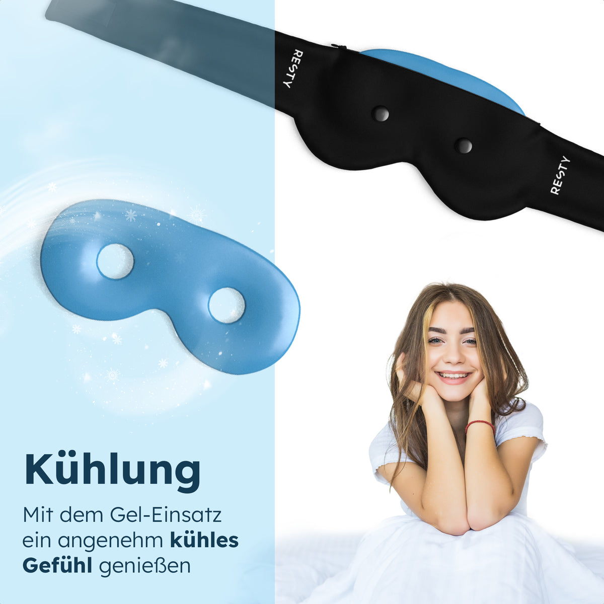 Resty 4D Schlafmaske und blauer Gel-Einsatz für ein angenehm kühles Gefühl, daneben eine lächelnde junge Frau