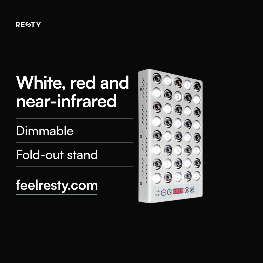 Product film of the Resty Daylight Lamp: a panel of 40 LEDs in 5 × 8 and a schematic light beam. Luminous flux 1,428 lm and FS-mode spectrum from the supplier's test report on this page (EVERFINE HAAS-1200): visible light with a red peak at 664 nm, plus near-infrared. Two modes: FS gives white, red and near-infrared, R/IR barely visible near-infrared. Dimmable in 5 levels (10, 25, 50, 75 and 100%), built-in timer, fold-out stand.