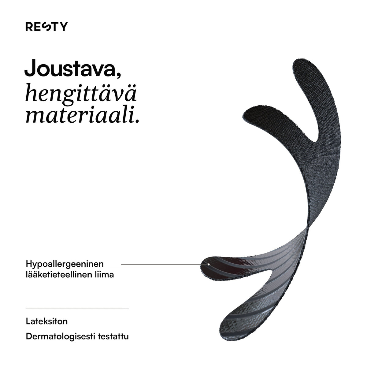 Kaareva musta Advanced H-Shape -suuteippi. Kuvan tekstit: Joustava, hengittävä materiaali. Hypoallergeeninen lääketieteellinen liima. Lateksiton. Dermatologisesti testattu.
