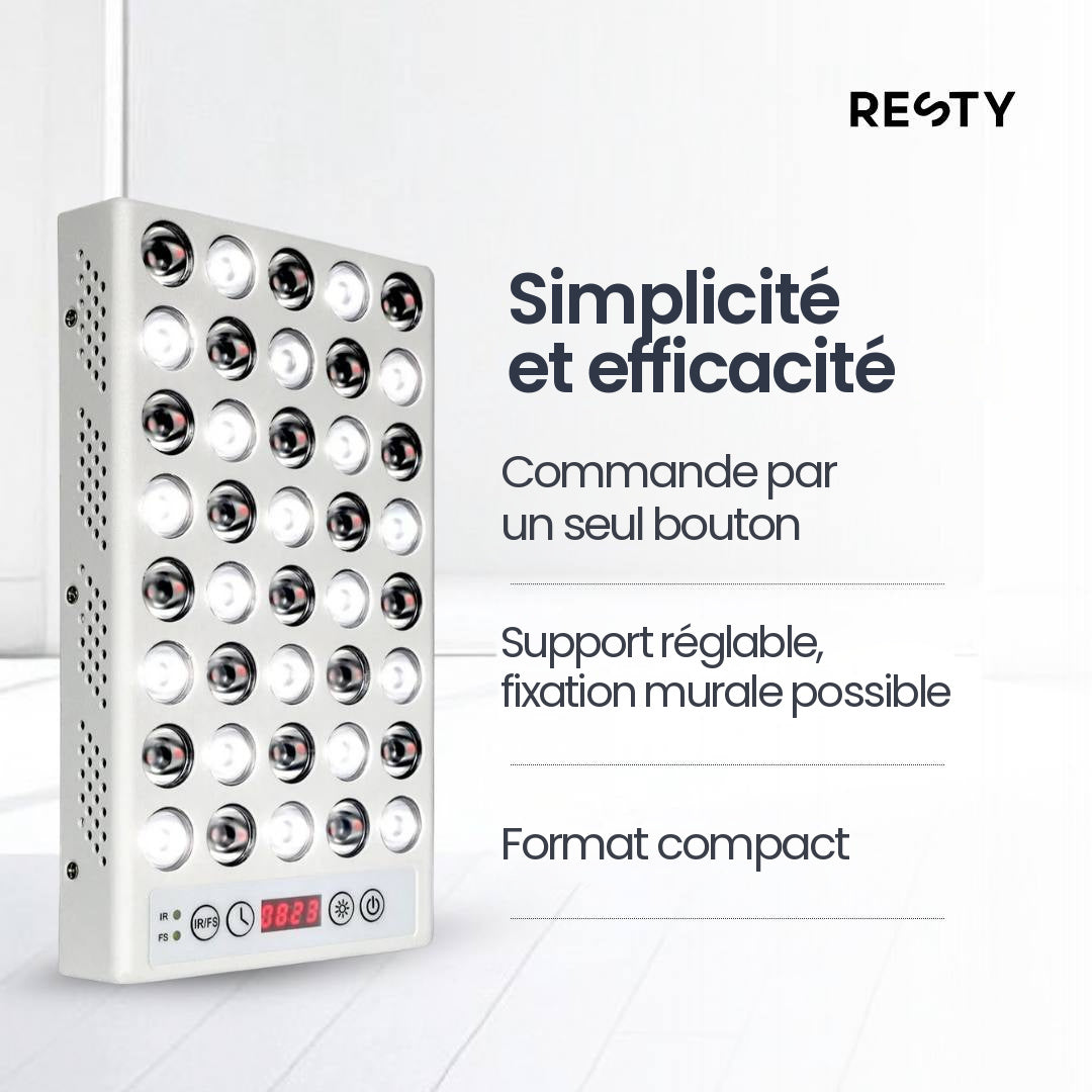 Lampe de luminothérapie Resty : simplicité et efficacité, commande par un seul bouton, support réglable, fixation murale possible et format compact