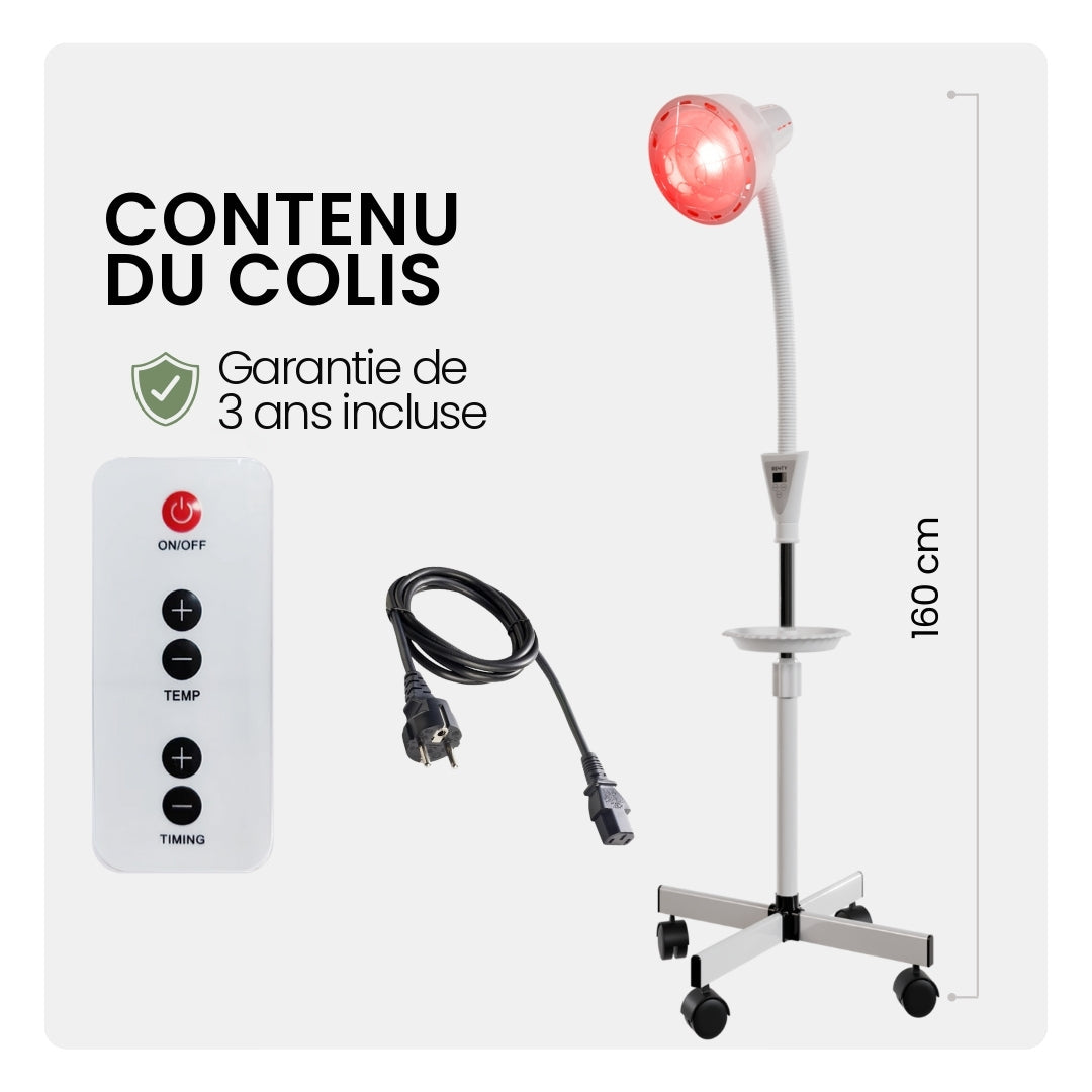 Contenu du colis de la lampe infrarouge Resty 275 W : lampe sur pied, télécommande et câble d’alimentation, garantie de 3 ans incluse