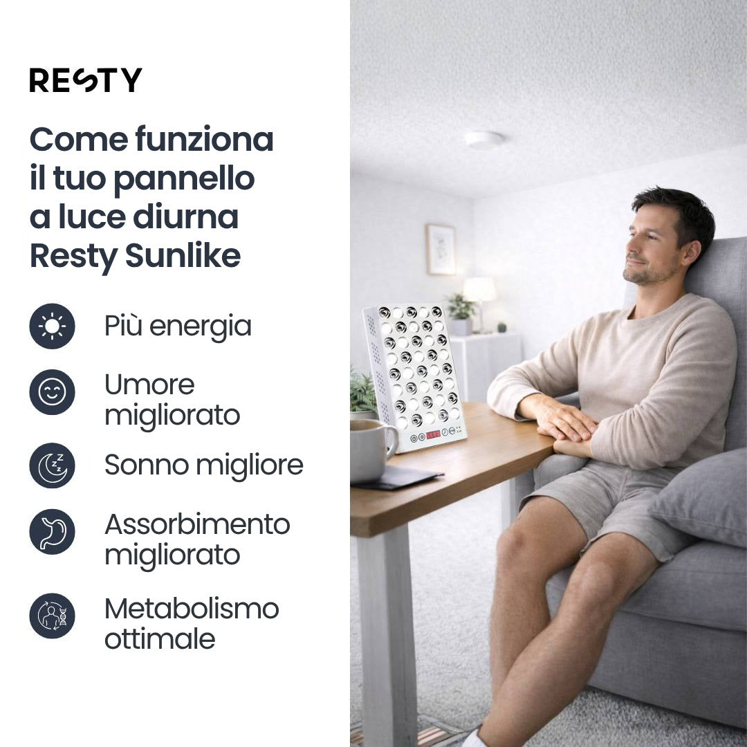 Lampada Daylight Resty appoggiata su un tavolino accanto a un uomo seduto in poltrona, con il titolo «Come funziona il tuo pannello a luce diurna Resty Sunlike» e cinque icone di benefici.