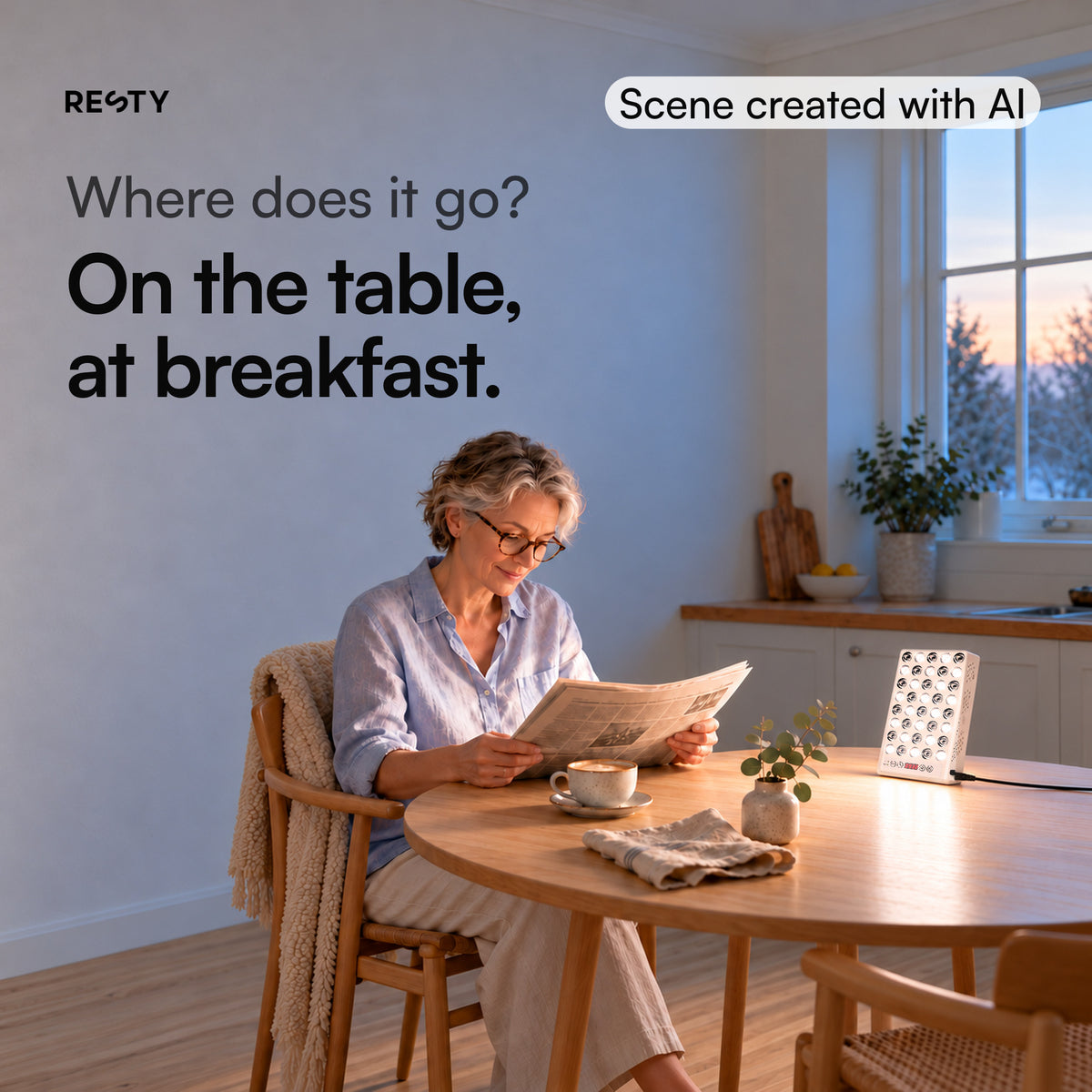 Scene created with AI: a woman reads the newspaper at the breakfast table, with the Resty daylight lamp switched on on the table.