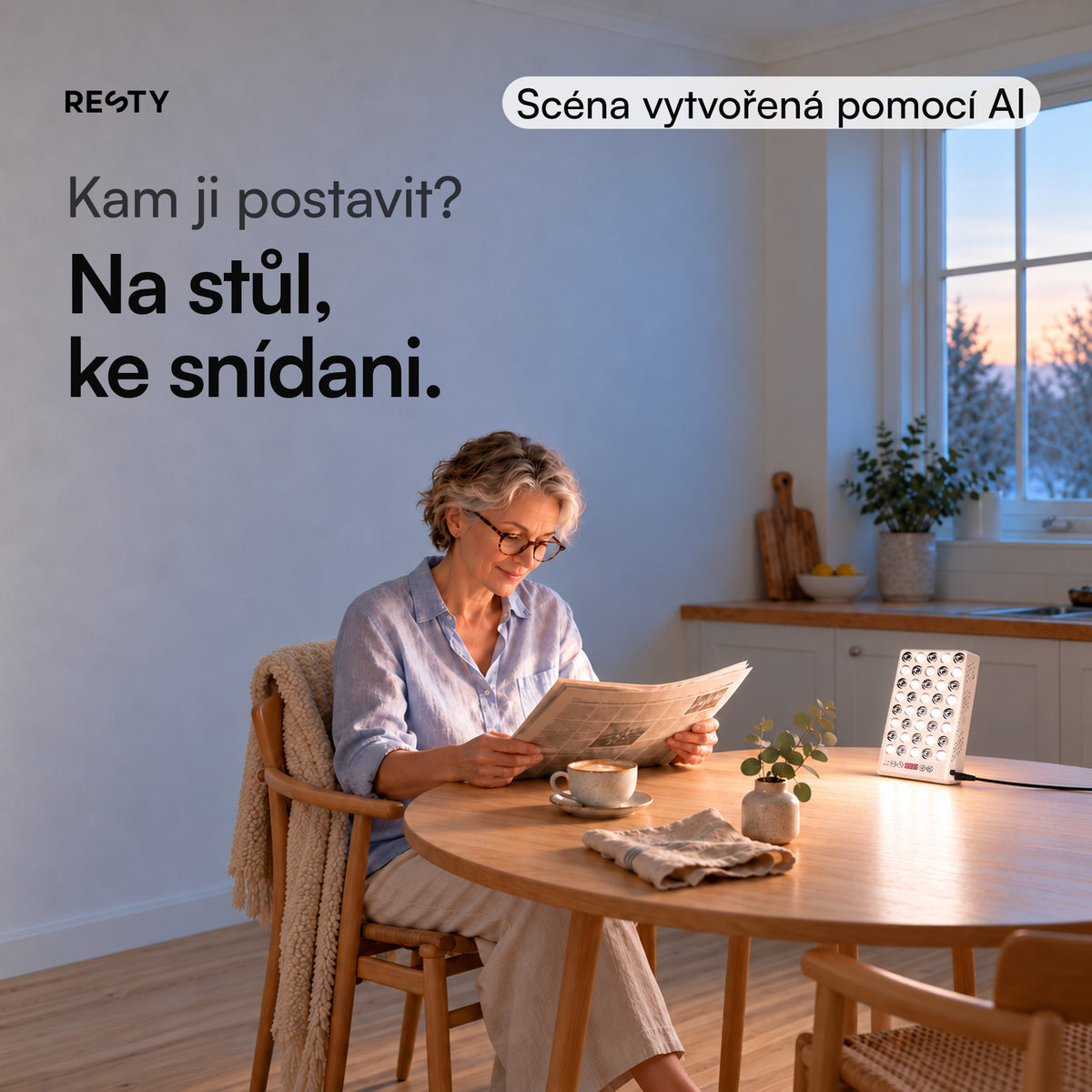 Scéna vytvořená pomocí AI: žena čte u snídaně noviny a na stole je zapnutá lampa denního světla Resty.