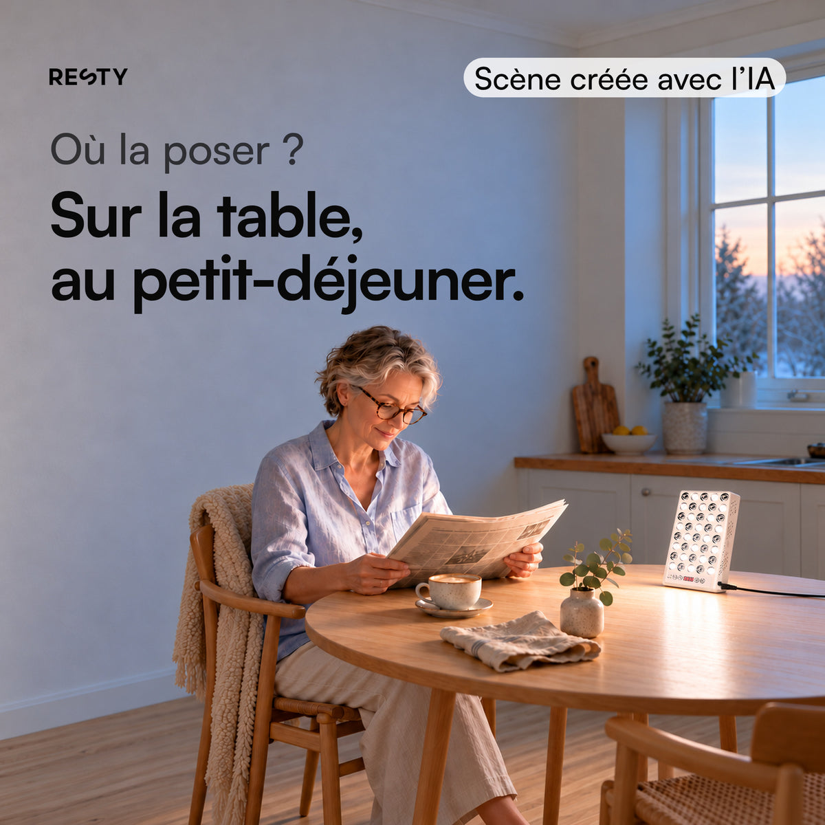 Scène créée avec l’IA : une femme lit le journal à la table du petit-déjeuner, sur laquelle la lampe à lumière du jour Resty est allumée.