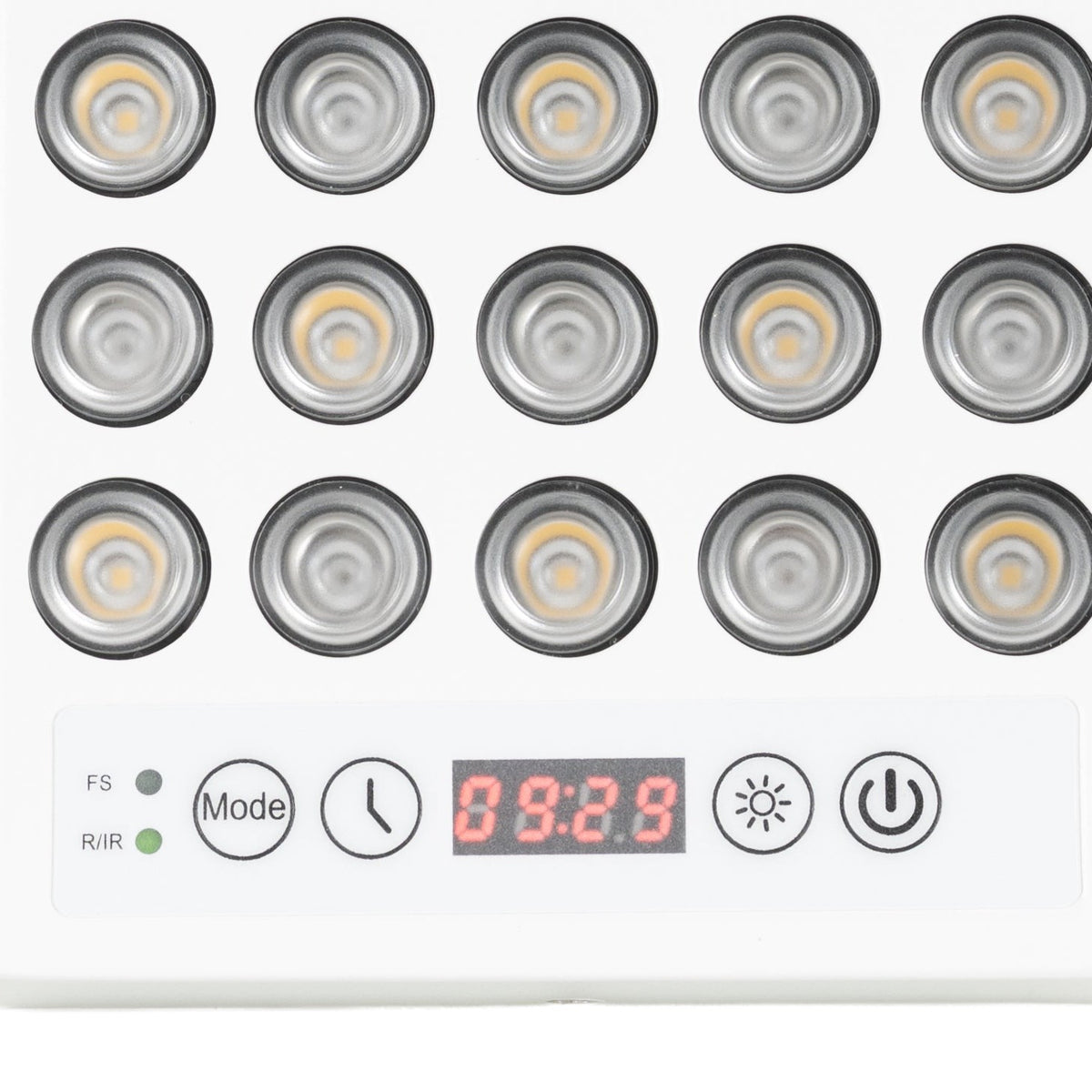 Kontrollpanel: moduser FS og R/IR, timer, fem lysstyrkenivåer (10–100 %) og av/på-knapp.