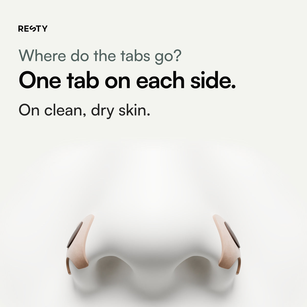 3D render of a model nose from the front, before the clip goes on: one skin-tone adhesive tab sits on each side of the nose, just above the nostril wing. Each tab has a round dark disc and a cut-out at the bottom. Put the tabs on clean, dry skin with no cream, oil or sunscreen; every session uses a fresh pair.