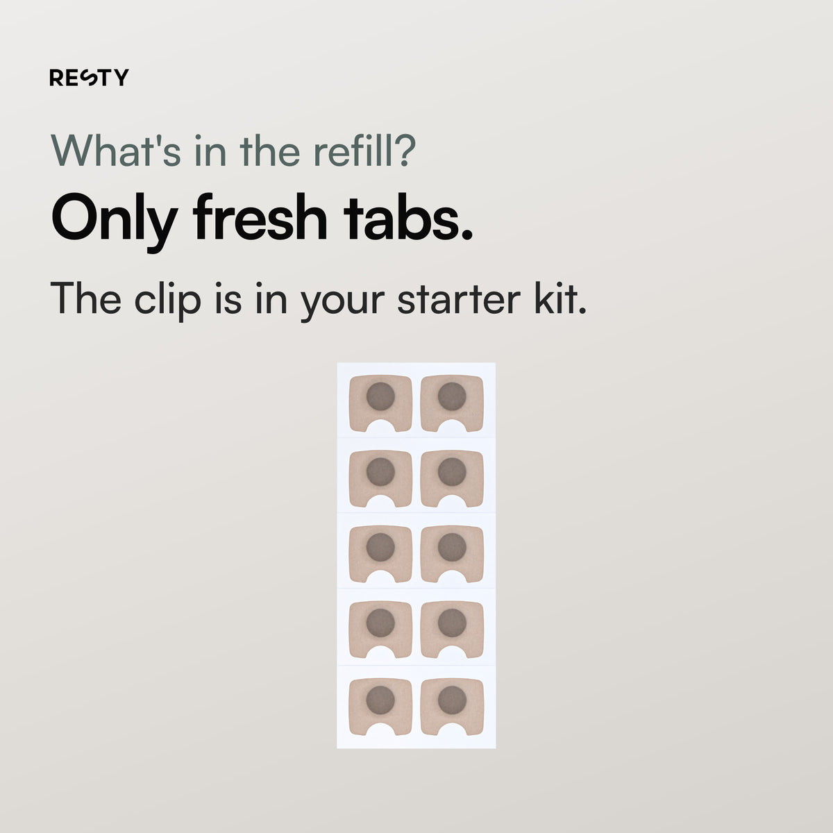 A sheet of skin-tone Resty Magnetic tabs on their liner. A refill contains tabs only, for 30 sessions: one fresh pair per session. The reusable clip comes with the starter kit.