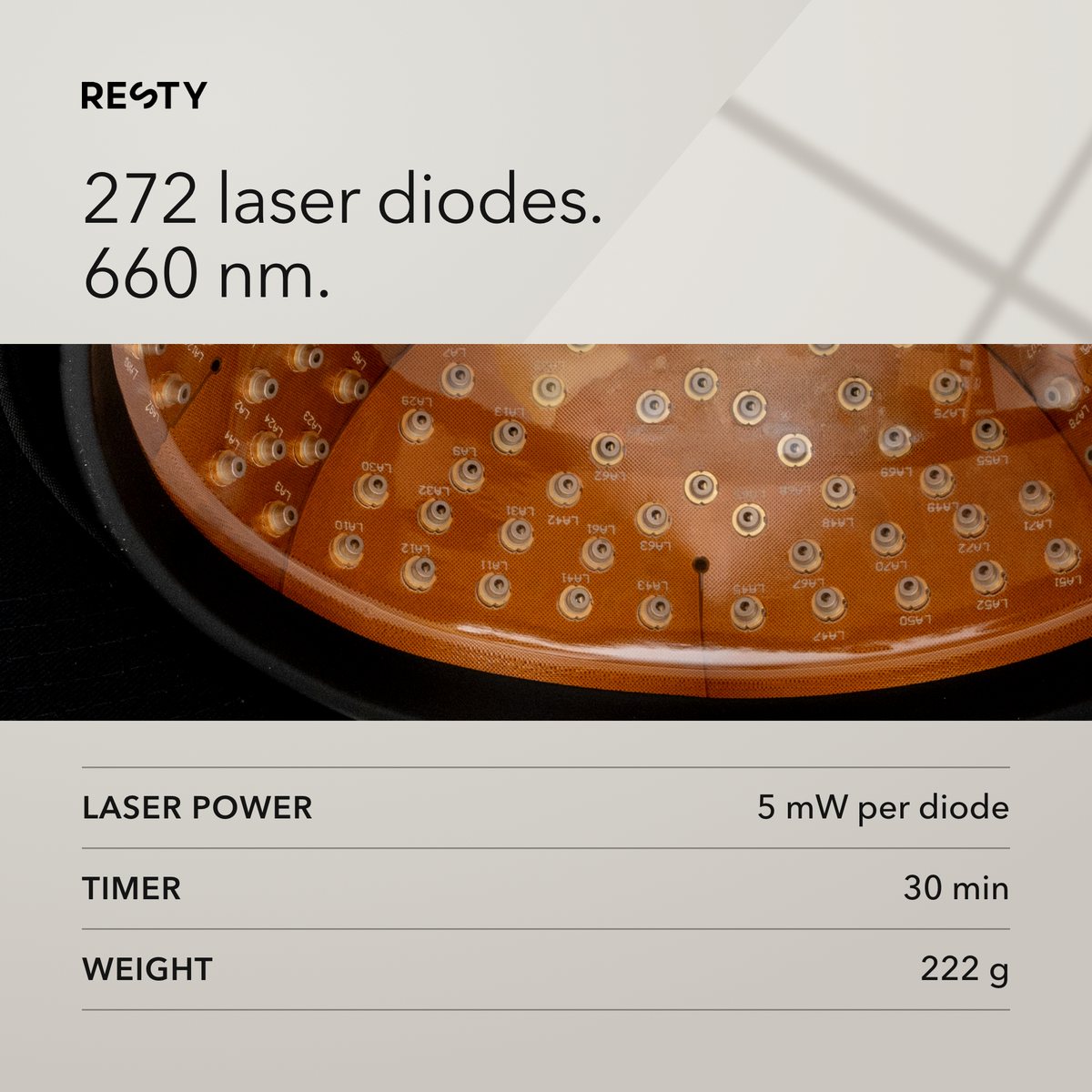 Resty MARS Laser Cap specs: 272 laser diodes, 660 nm, 5 mW per diode, 30-minute timer, 222 g