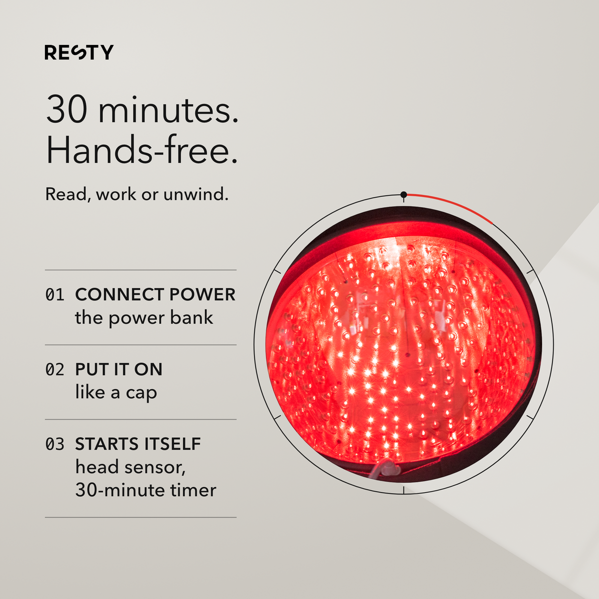 Resty MARS Laser Cap, hands-free for 30 minutes: connect the power bank, put it on, it starts itself via a head sensor