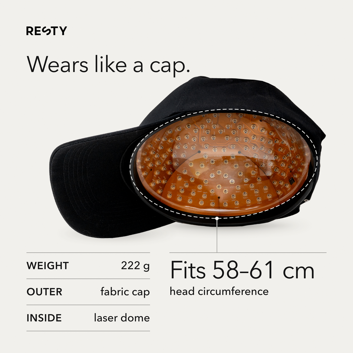 Resty MARS Laser Cap wears like a cap: fabric outer cap, inner laser dome, fits 58–61 cm head circumference, 222 g