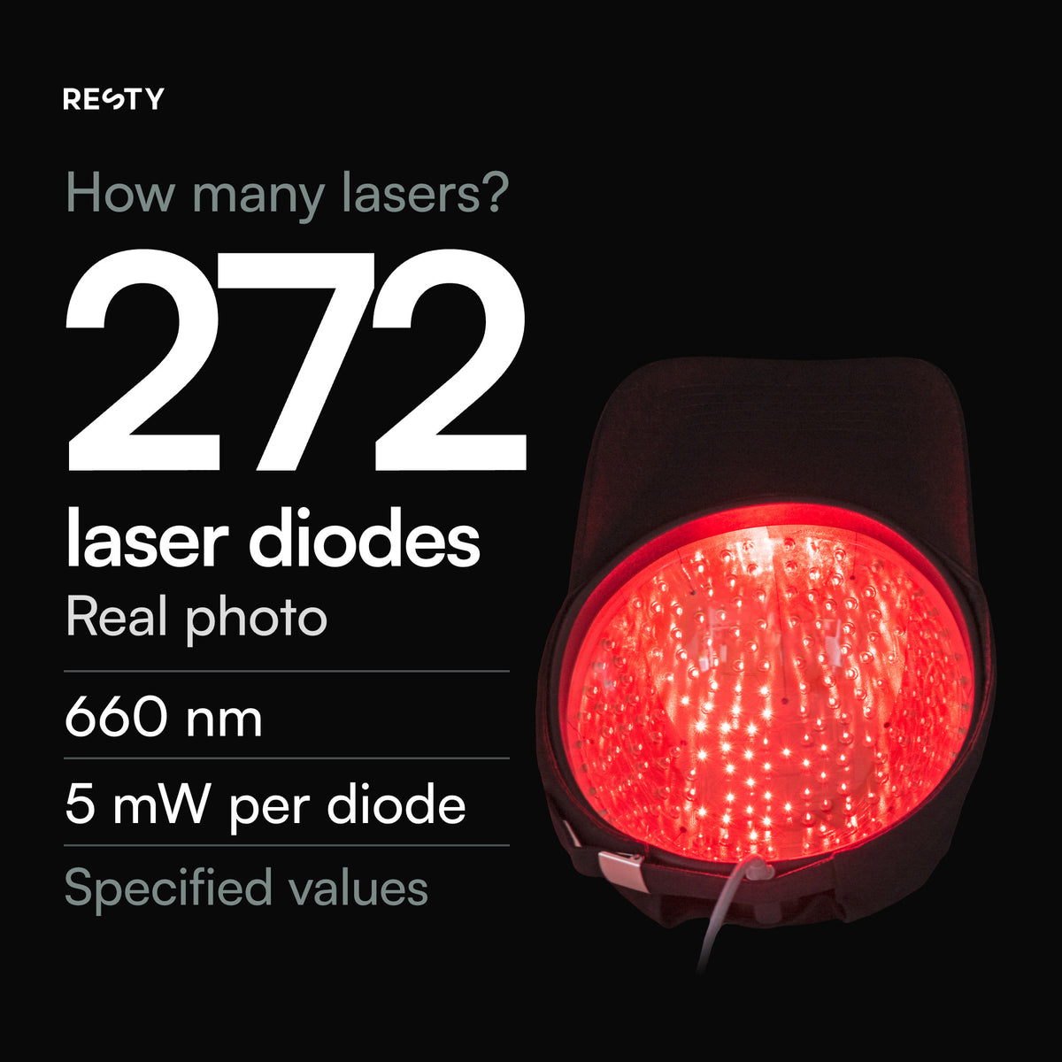 Resty MARS Laser Cap from below, switched on: a real photo of the laser dome with its 272 laser diodes lit red. 660 nm red light, 5 mW per diode (specified values). Fabric cap with the laser dome inside; the light-grey cable runs to the power bank.