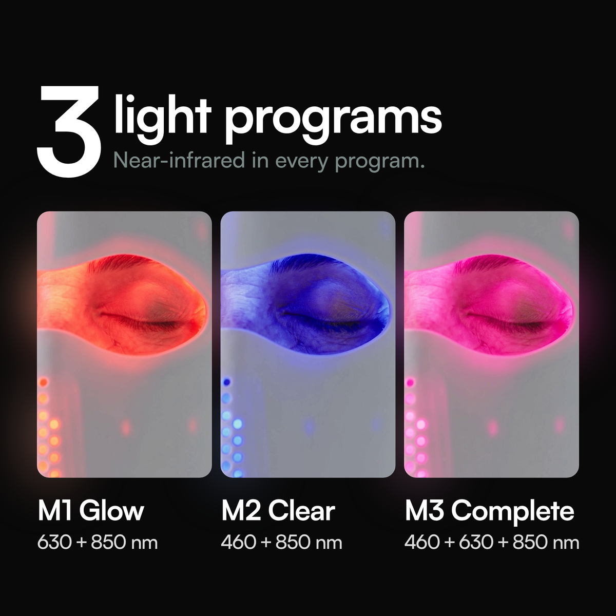 Resty MARS 200 PRO:n kolme valo-ohjelmaa: M1 Glow 630 + 850 nm, M2 Clear 460 + 850 nm, M3 Complete 460 + 630 + 850 nm