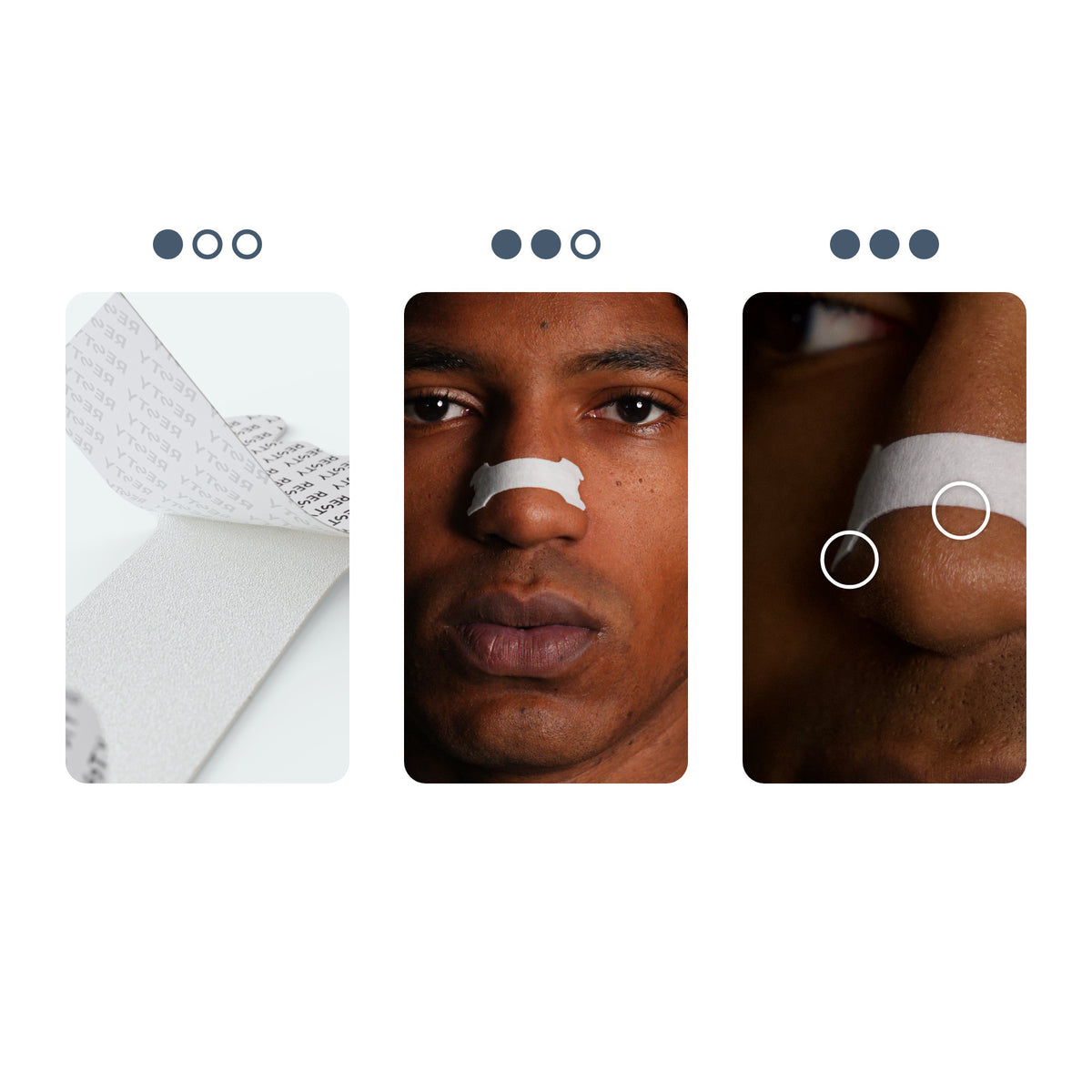 Three steps to put on a Minty strip: peel off the liner, place it across the nose, press both ends.
