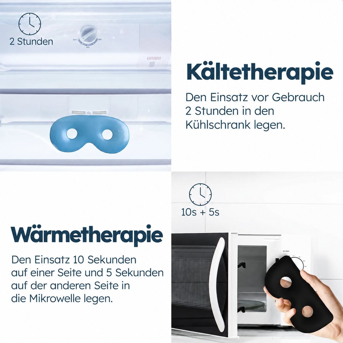 Kälte- und Wärmetherapie mit den Resty Schlafmasken-Einsätzen: 2 Stunden kühlen sowie 10 und 5 Sekunden in der Mikrowelle.