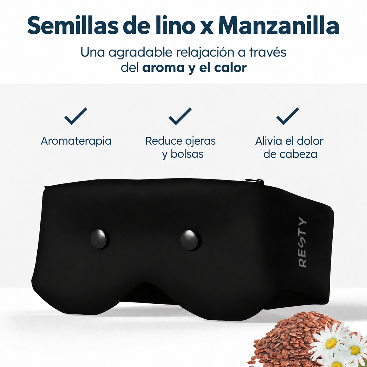 Almohadilla de semillas de lino y manzanilla del antifaz Resty, con aroma y calor.