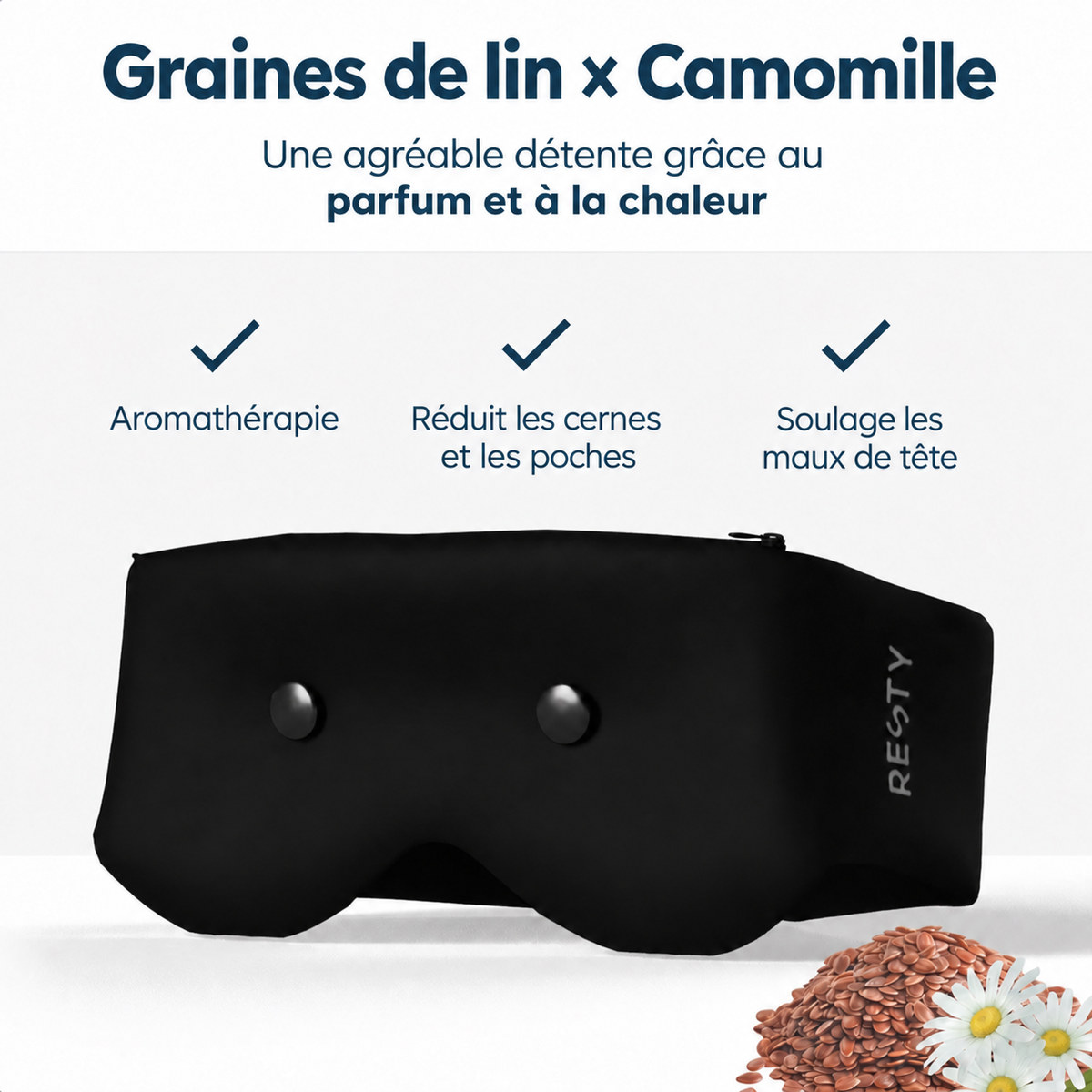 Insert aux graines de lin et à la camomille du masque Resty 4D : parfum, chaleur et détente.