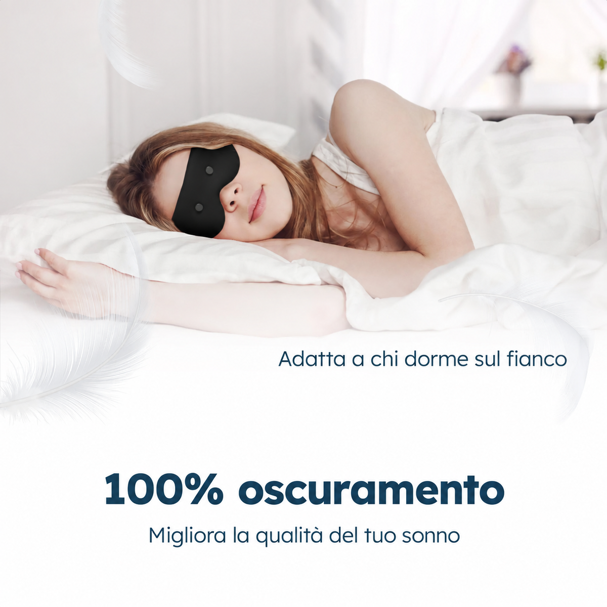 Mascherina Resty 4D indossata dormendo su un fianco, con oscuramento al 100%.