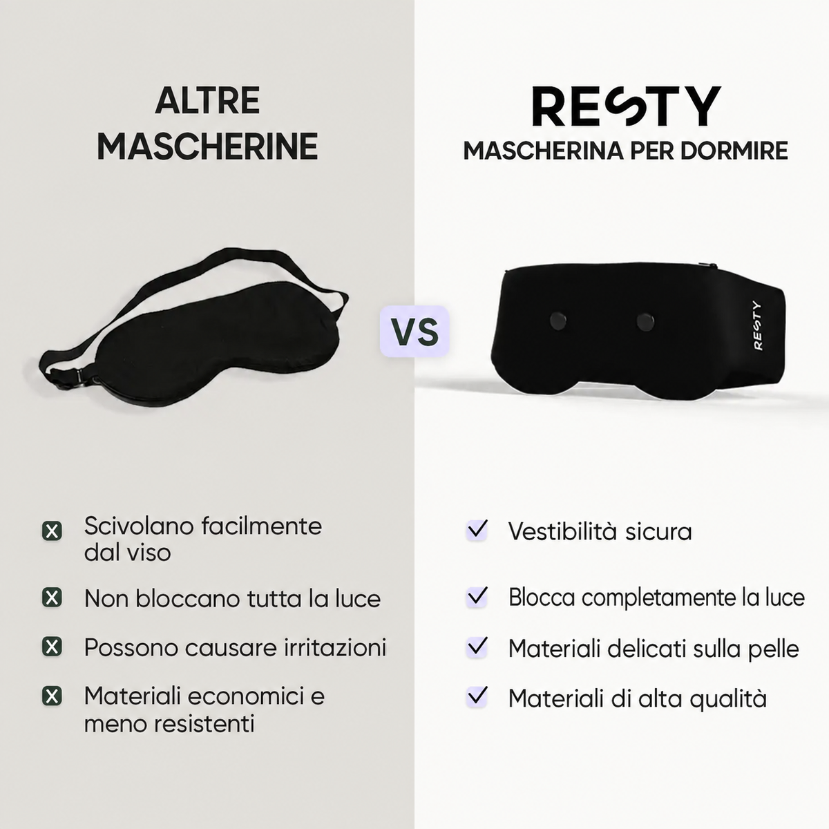 Confronto tra altre mascherine e Resty: vestibilità, oscuramento e materiali.