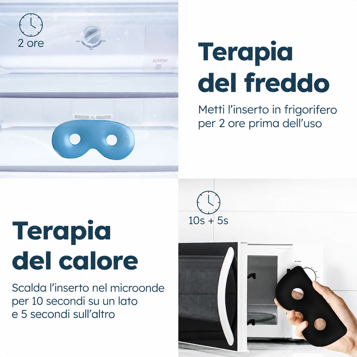 Istruzioni Resty per freddo e calore: 2 ore in frigorifero oppure 10 secondi e 5 secondi nel microonde.