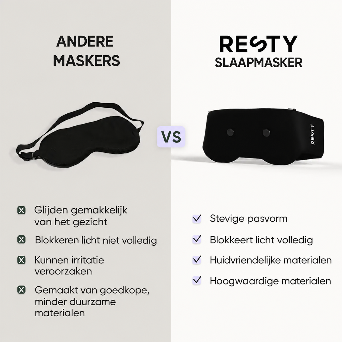 Vergelijking van andere slaapmaskers met het Resty 4D slaapmasker: pasvorm, lichtblokkade en materialen