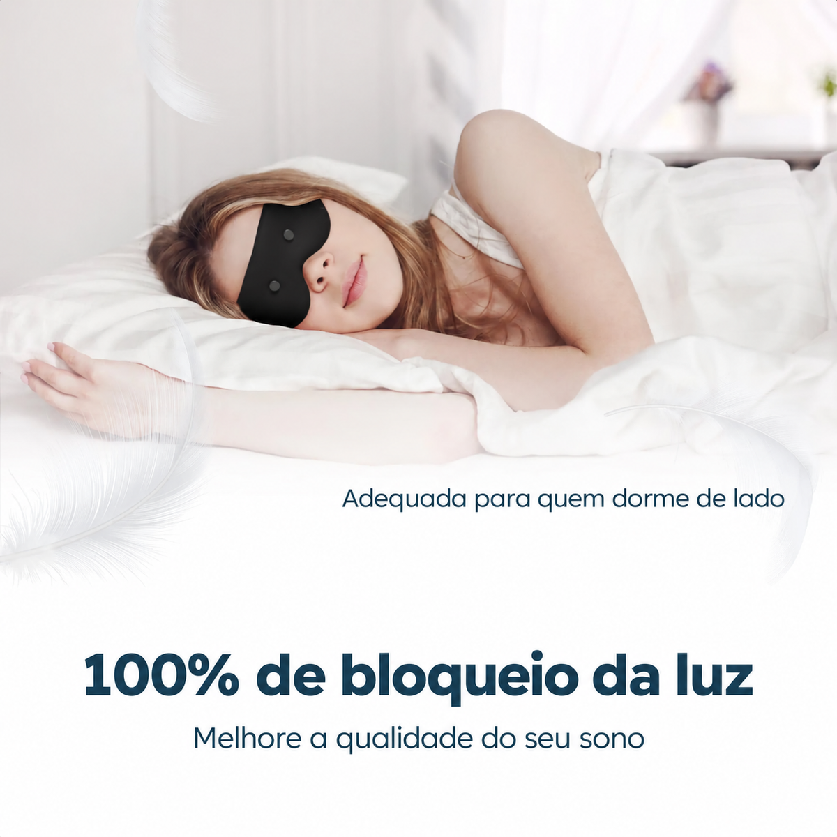 Máscara de dormir Resty 4D usada por uma mulher deitada de lado, com bloqueio de luz a 100%.