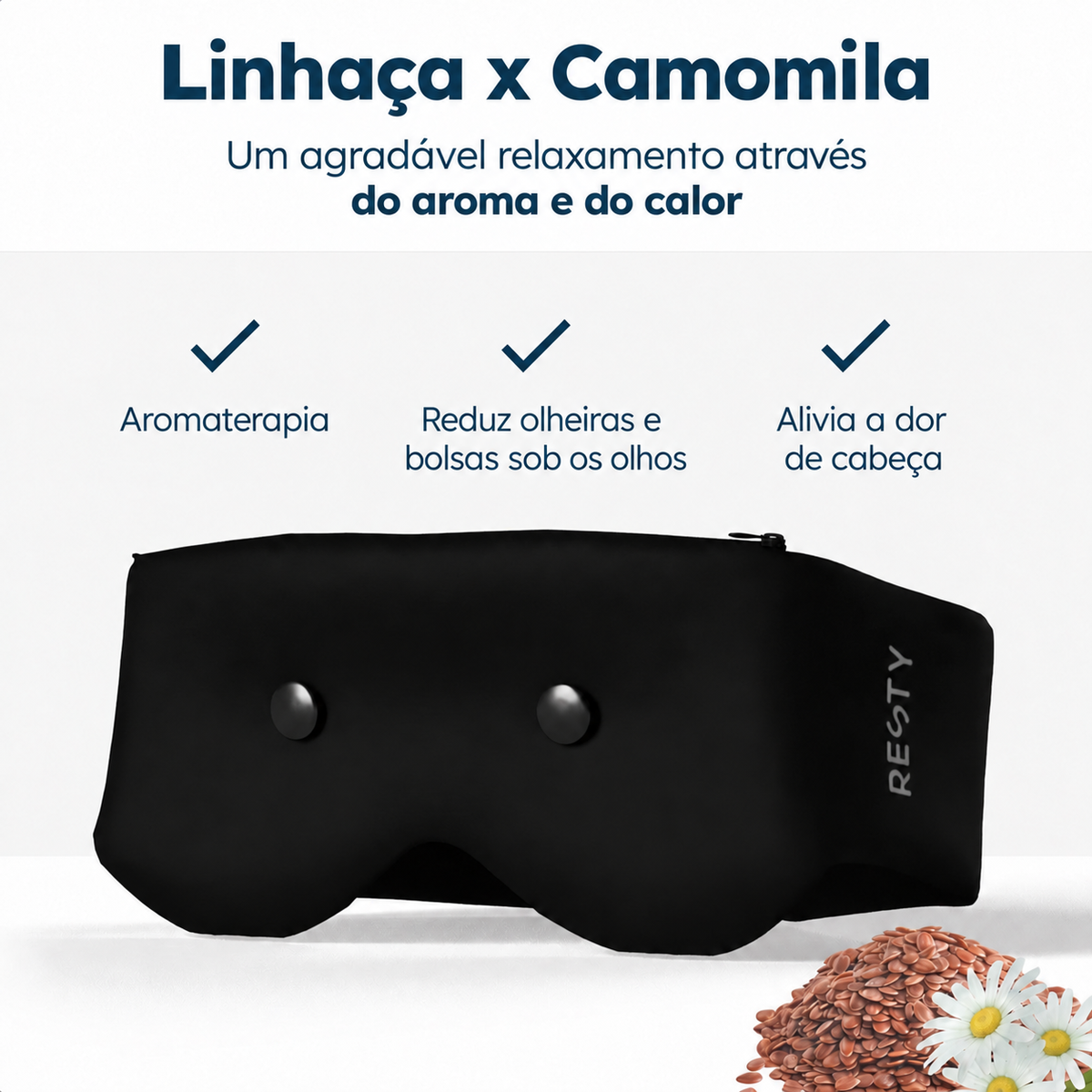 Almofada de linhaça e camomila da Resty 4D, com aroma e calor.
