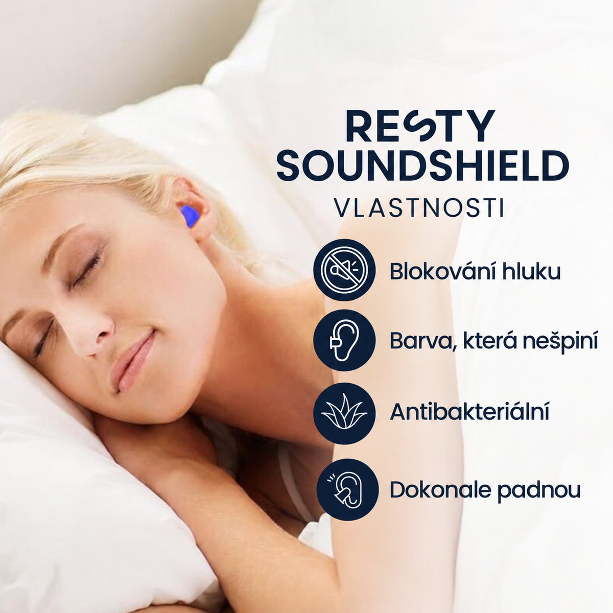 Vlastnosti Resty SoundShield: blokování hluku, barva, která nešpiní, antibakteriální vlastnosti a dokonalé přizpůsobení.
