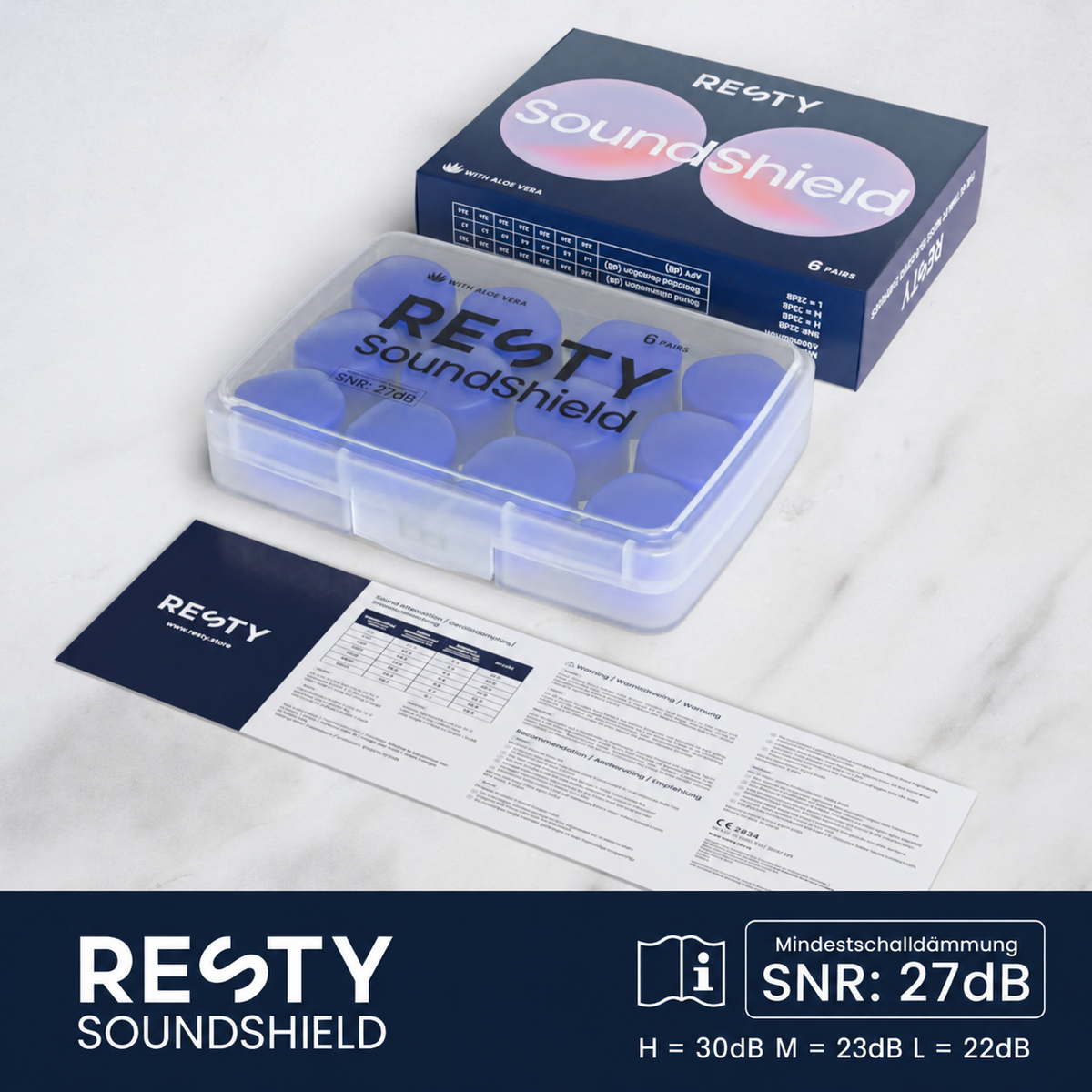 Resty SoundShield mit Box und Anleitung; Mindestschalldämmung SNR 27 dB, H 30 dB, M 23 dB, L 22 dB