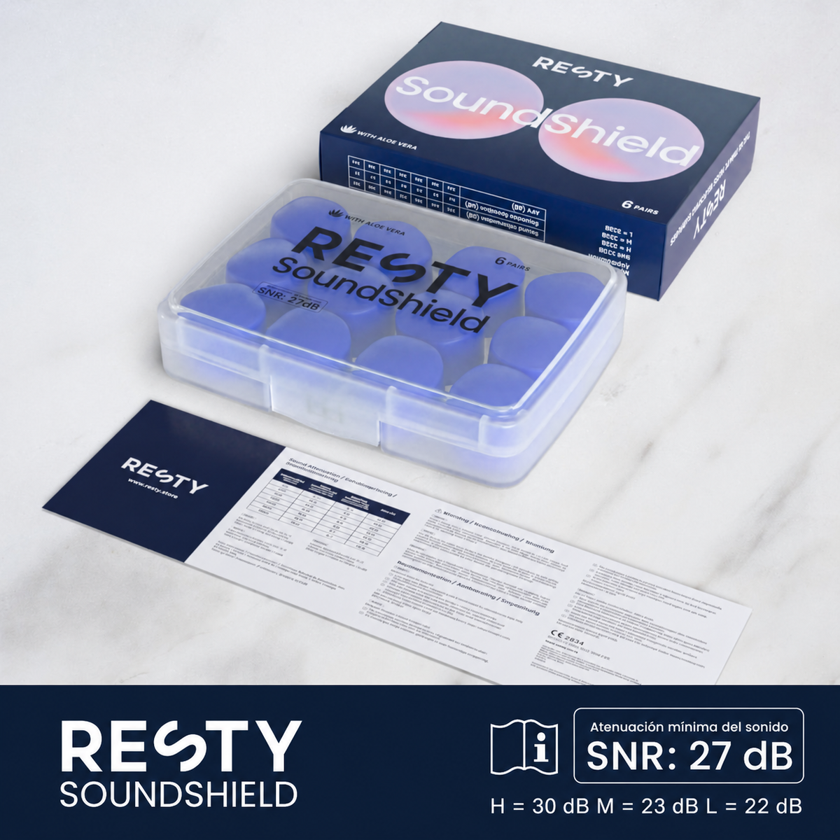 Resty SoundShield, estuche e instrucciones; atenuación mínima del sonido SNR 27 dB, H 30 dB, M 23 dB y L 22 dB.
