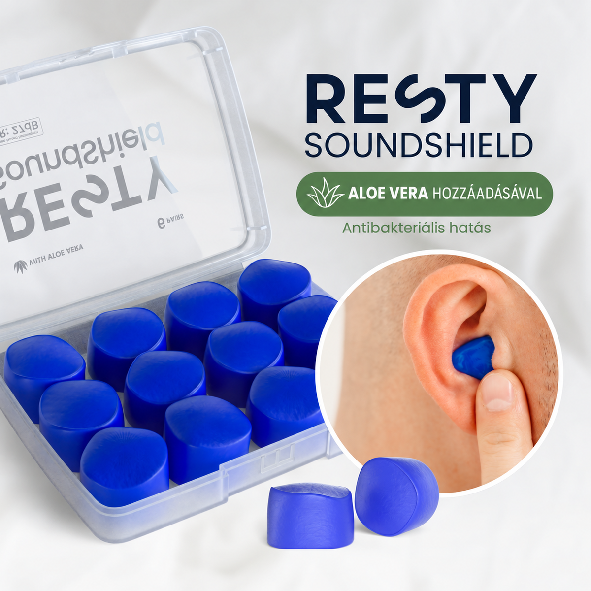 Nyitott Resty SoundShields tok kék füldugókkal és a behelyezést bemutató részletképpel; aloe vera és antibakteriális hatás, magyar feliratokkal.