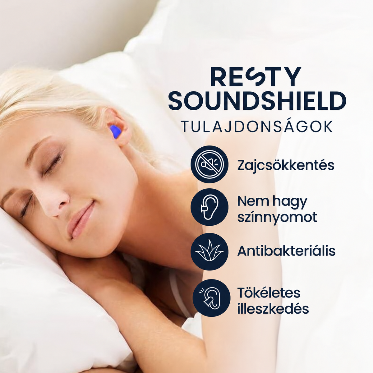 Alvó nő kék Resty SoundShields füldugóval; zajcsökkentés, színnyom nélküli használat, antibakteriális hatás és illeszkedés magyar feliratokkal.