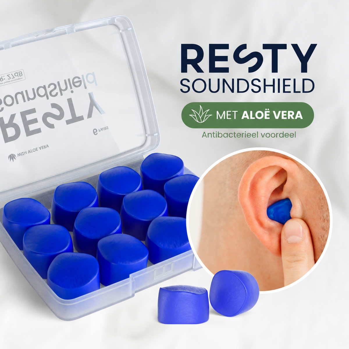 Resty SoundShield met aloë vera: blauwe oordoppen in bewaardoos en toepassing op het oor