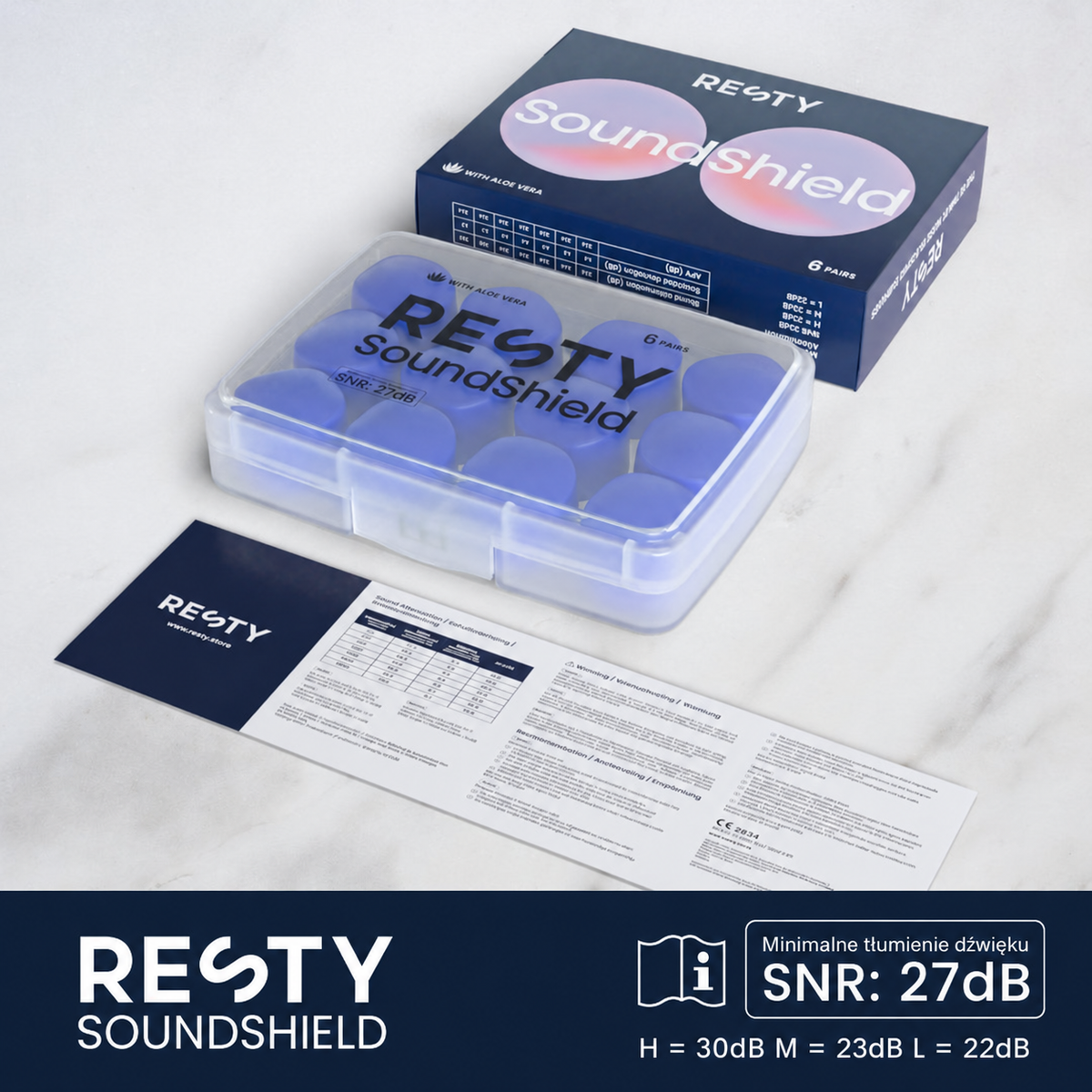 Opakowanie, etui i ulotka Resty SoundShield; minimalne tłumienie dźwięku SNR 27 dB, H 30 dB, M 23 dB i L 22 dB.