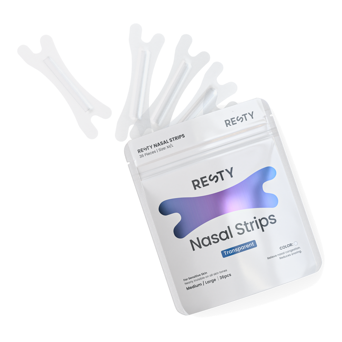 Resty transparent nasal strips and 36-piece pouch product render