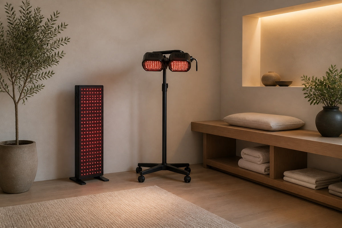 Infrared heat lamp and rectangular red-light panel shown in the same neutral room