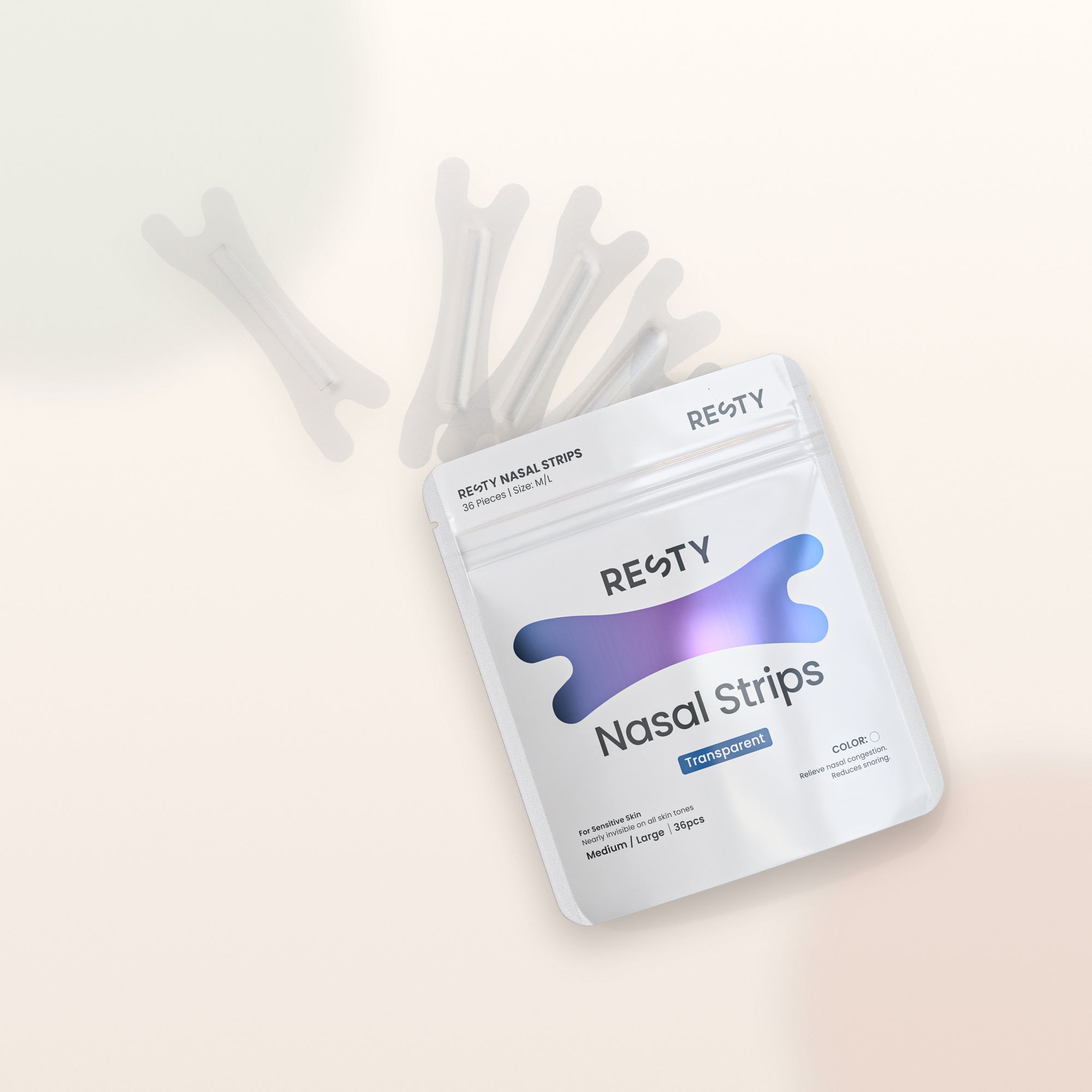 Rendu produit des bandelettes nasales transparentes Resty à côté de leur pochette refermable