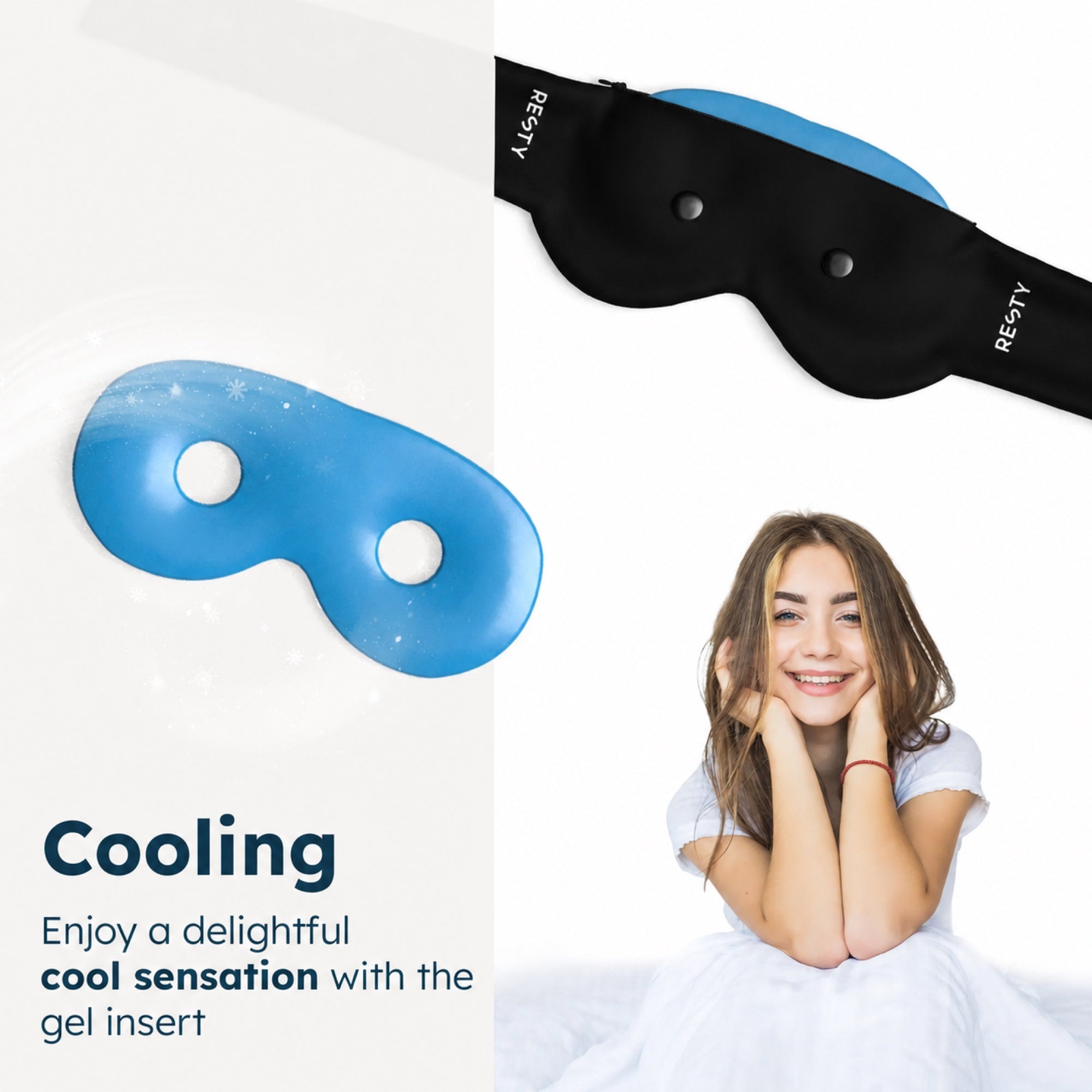 Antifaz para dormir Resty 4D negro, inserto de gel azul y mujer sonriente en un gráfico del inserto refrigerante