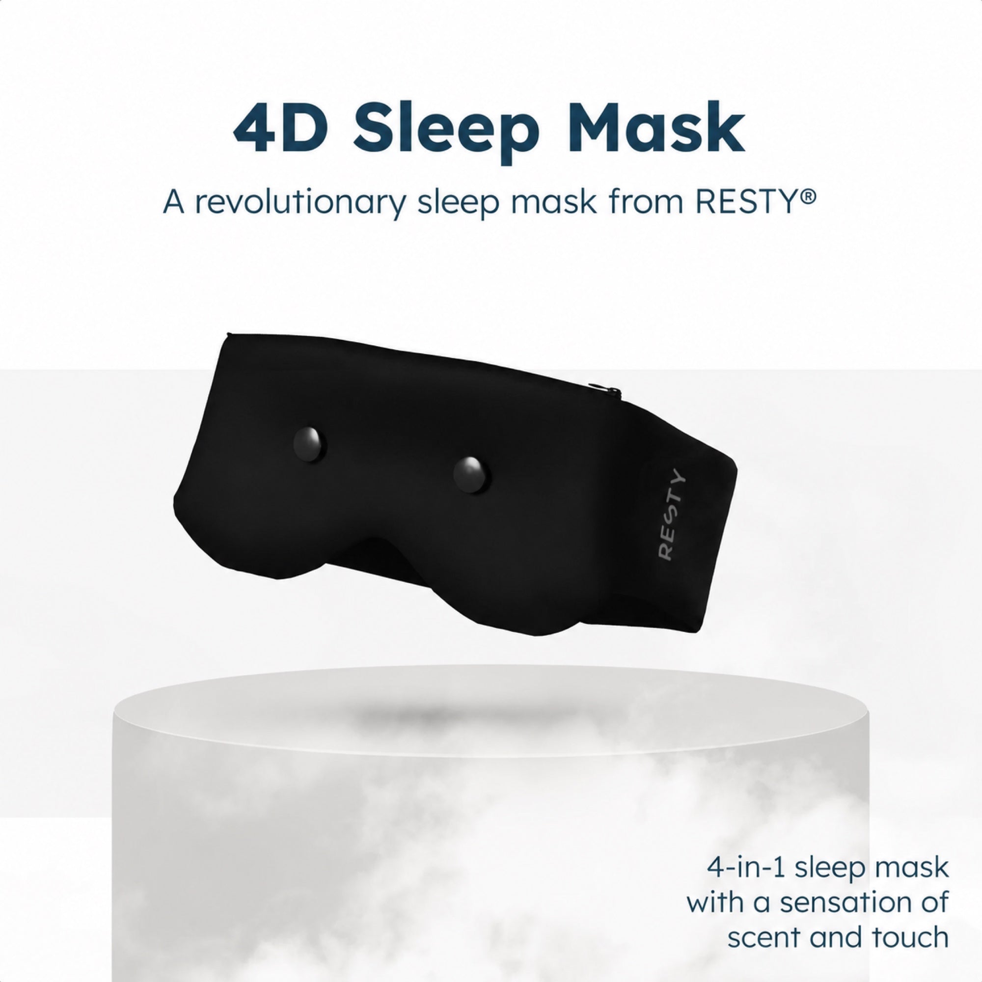 Antifaz para dormir Resty 4D negro mostrado sobre un pedestal blanco en un gráfico general del producto