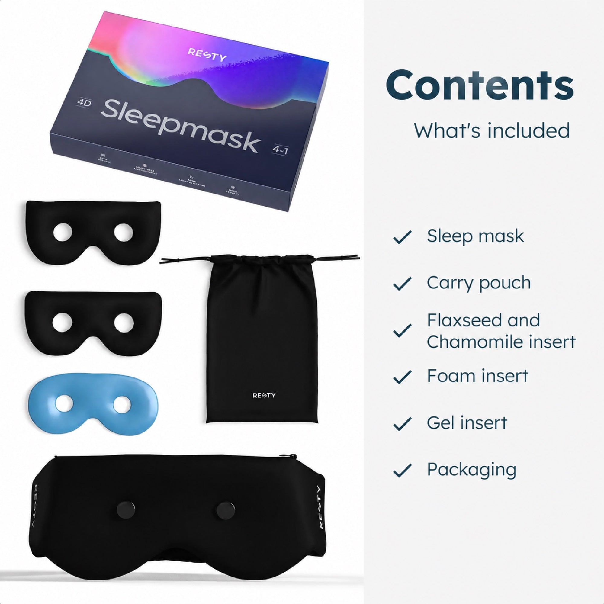 Contenuto del set maschera per dormire 4D Resty