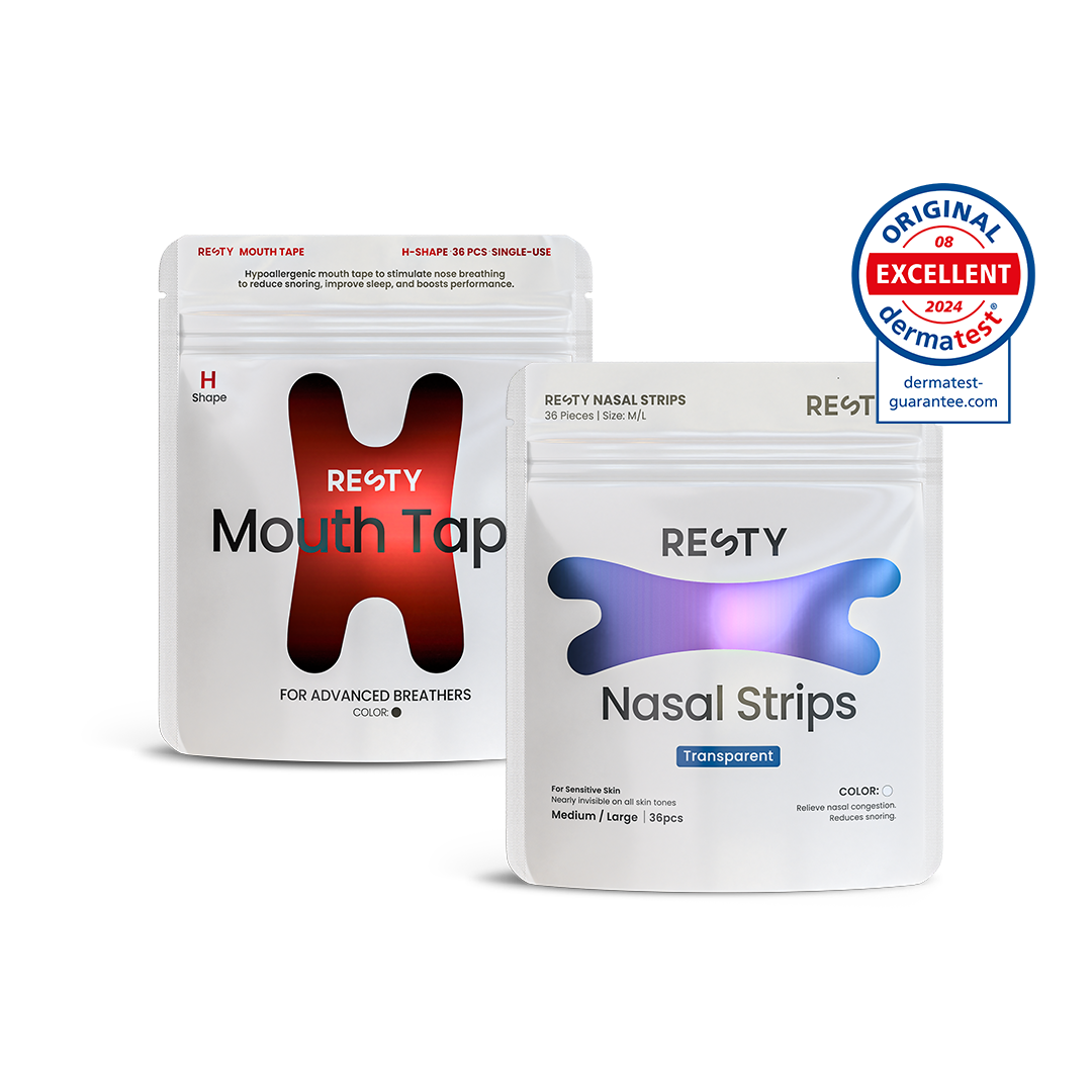 Resty mouth tape and transparent nasal strip bundle packaging on a white background.