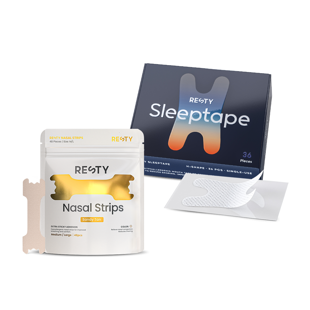 Resty H Shape mouth tape, Sandy Tan nasal strips and white tape strips in a bundle