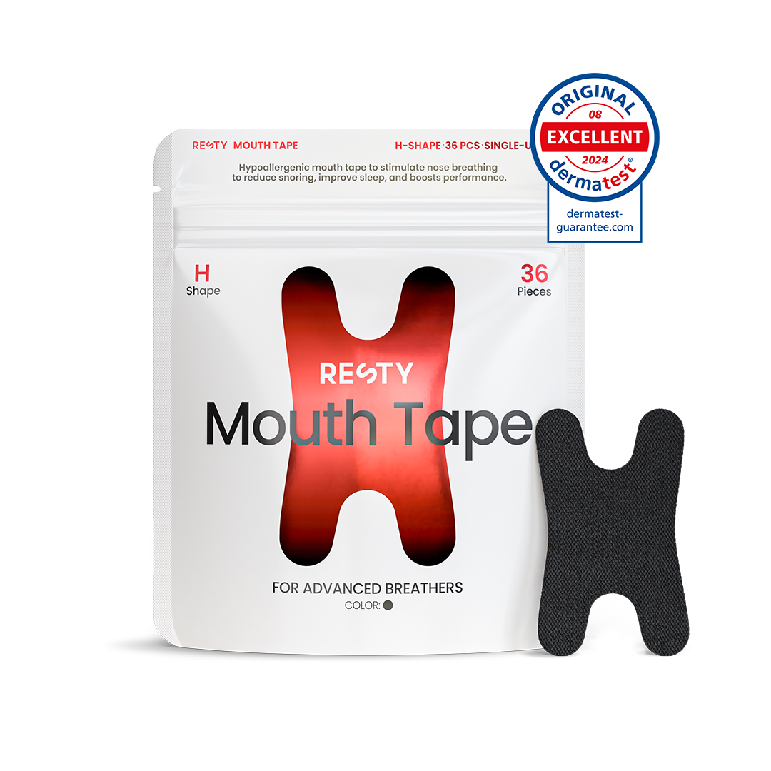 Resty Advanced H Shape mouth tape pouch with two black strips beside the package