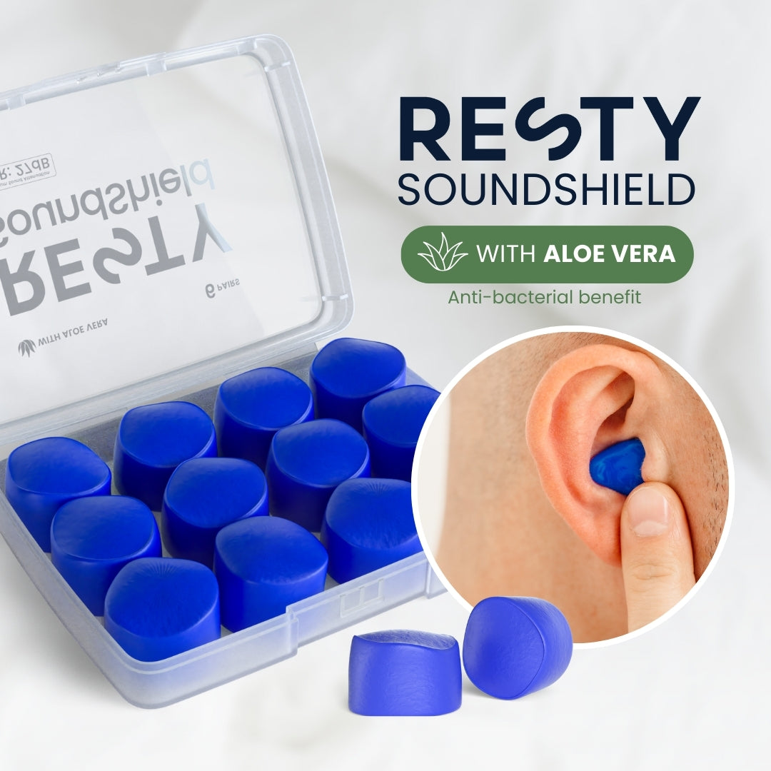 Geöffnete Resty SoundShields Box mit blauen Ohrstöpseln und einem Einlegebild zur Platzierung am Ohr