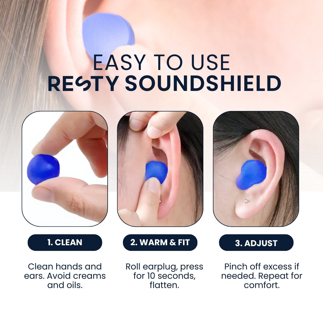 Tre passaggi per arrotolare, posizionare e regolare un tappo auricolare Resty SoundShield