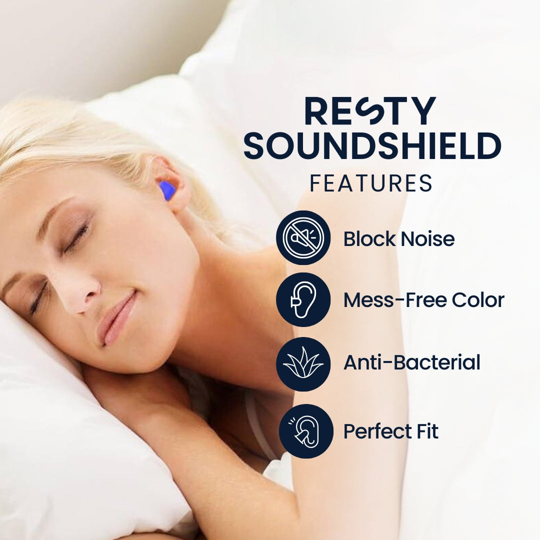Donna che dorme con un tappo auricolare blu Resty SoundShield